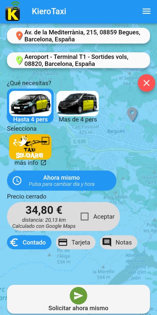 Demo Pedir Taxi Begues al Aeropuerto con Precio Fijo