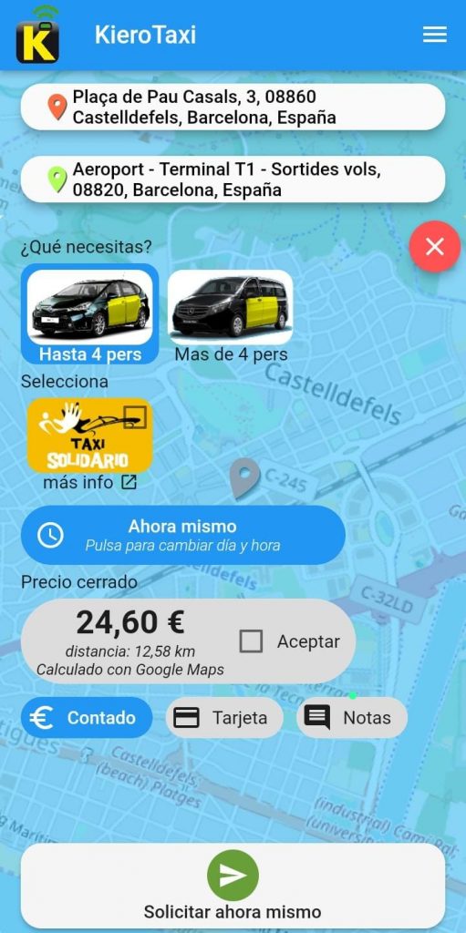 Demo Pedir Taxi Castelldefels al Aeropuerto con Precio Fijo