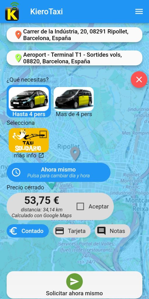 Demo Pedir Taxi Ripollet al Aeropuerto con Precio Fijo