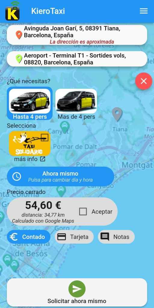 Demo Pedir Taxi Tiana al Aeropuerto con Precio Fijo