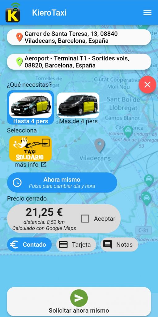 Demo Pedir Taxi Viladecans al Aeropuerto con Precio Fijo